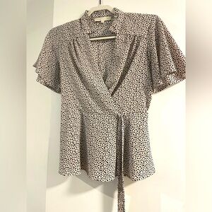 Blouse (Peplum; Flowy Sleeves; Cream & Black; Waist Tie)